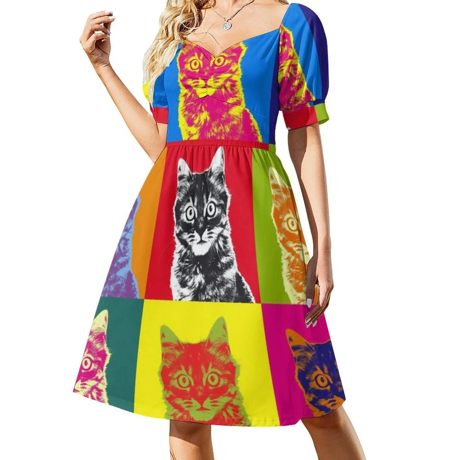カラフルな猫ヴィンテージボヘミアンドレスパフスリーブまたはノースリーブオプション女性用ドレス猫タビーキトゥン猫ペットポートレート