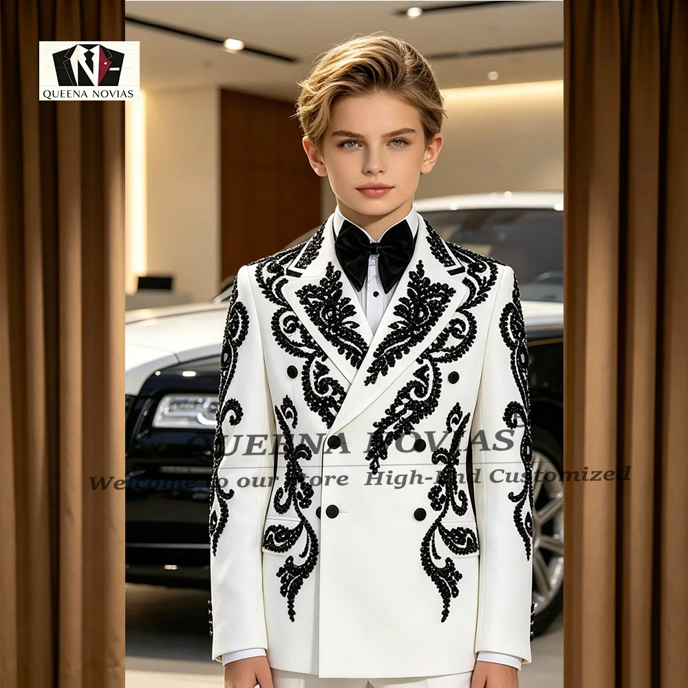 Boy's Suit For Wedding Luxury Black Beaded Stones Jacket Pants 2 Piece Sets Children Homecoming Tuxedos Customized Kids Outfits