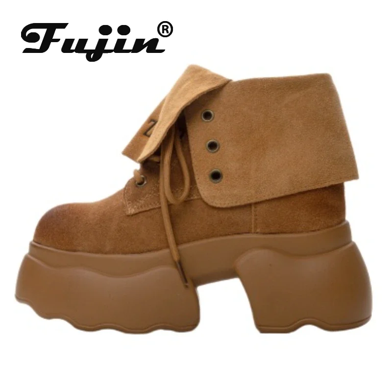 

Fujin 12cm Suede Cow Genuine Leather Spring Knee High Motorcycle Ankle Boots Knee High Woman Hidden Heels Autumn Fashion Shoes