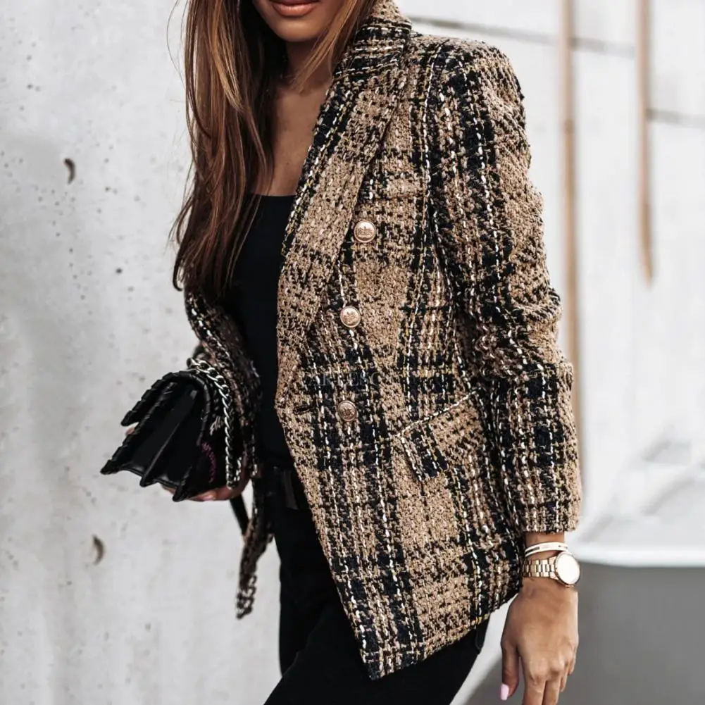 Women Blazer Plaid Print Lapel Long Sleeves Autumn Blazer Thick Double-breasted Cardigan Formal Business Winter Coat For Female