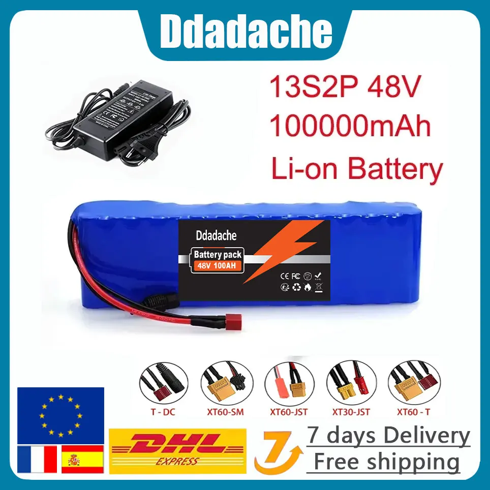 Pack de batteries lithium-ion 13S2P 48V 100Ah avec BMS 250W 350W 500W 750W 1000W et chargeur 48V/54.6V gratuit