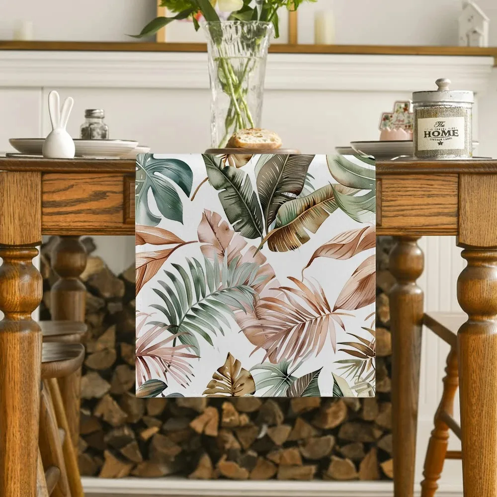 Vintage Tropical Plant Table Runner Wrinkle‑Resistant Brown Green Leaf Print For Bohemian Style Table Decoration