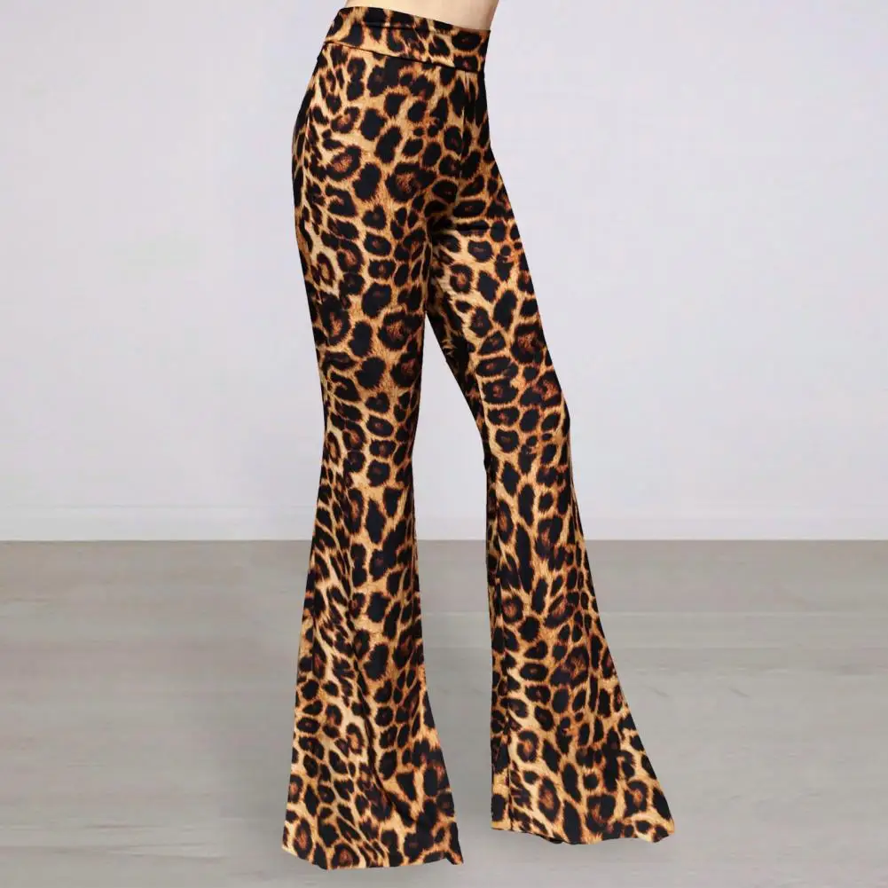 

Women Long Pants Vintage 70s Flared Hem Leopard Print Stretchy Yoga Pants Slim Fit Long Floor Length Thin Bell-bottomed Trousers