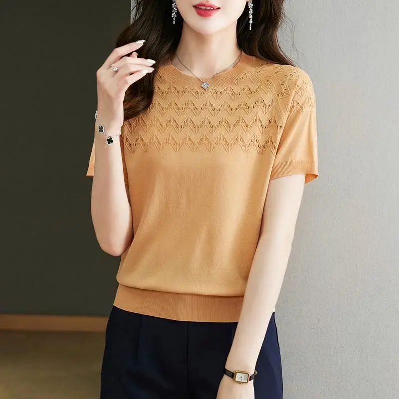 Summer New Fashion High End Ice Silk Knitted Short Sleeve T-shirt Women\'s Round Neck Patchwork Hollow Out Screw Thread Thin Top