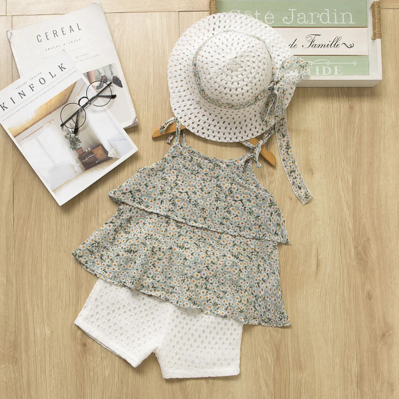 

Girls'clothing Suits Summer Clothes Little Girl Clothes Floral Sleeveless Chiffon + Embroidered Shorts Straw Children's Clothing