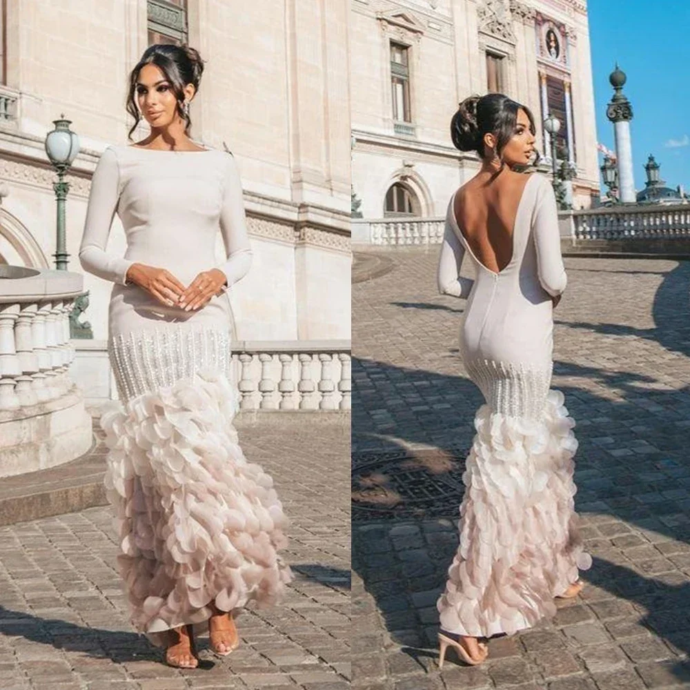 Customized Prom Dresses Exquisite O-Neck Mermaid HandmadeFlower Beading Layered Flower Gradient Taffeta Formal Occasion Evening 
