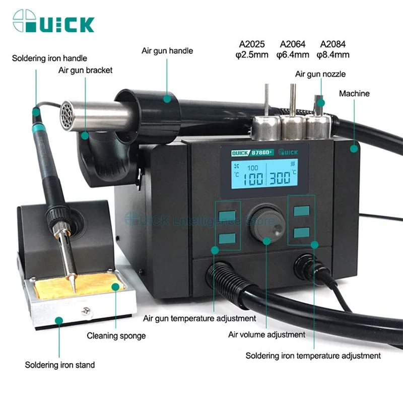 Soldering Stations QUICK 8786D+  2in1 Rework Station LCD display Hot Air Gun electric soldering iron Bga SMD desoldering station