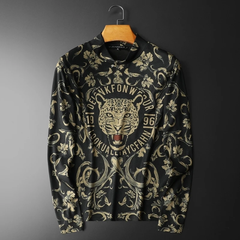 High Quality Vintage Black And Gold Tiger Print Long Sleeve Baroque Palace Trend Tee Shirt Homme Club Outfits Fall Tshirt Men