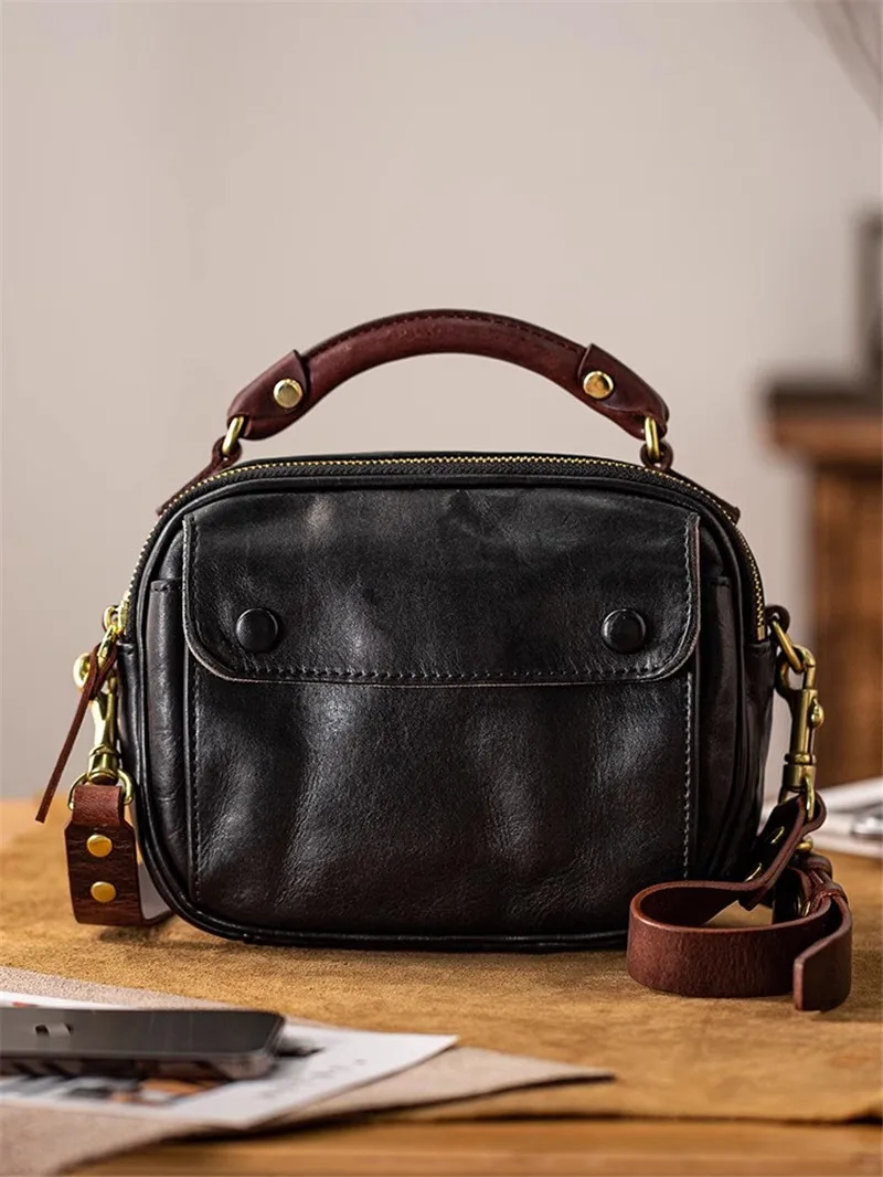PNDME Fashion Designer Hand-made Genuine Leather Men's Small Shoulder Crossbody Bag Casual Luxury Real Cowhide Black Handbag