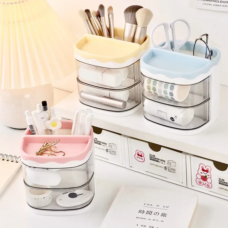 Simple Solid Color Pen Holder with 2 Drawer Large Capacity Multifunction Stationery Storage Box Student Office Desktop Organizer