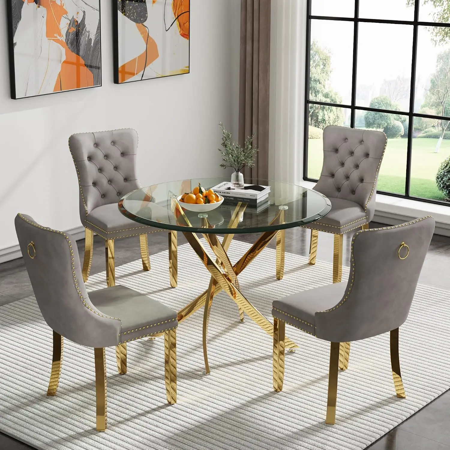 36'' Gold Round Glass Dining Table Set for 4 Family Gathering, Customized