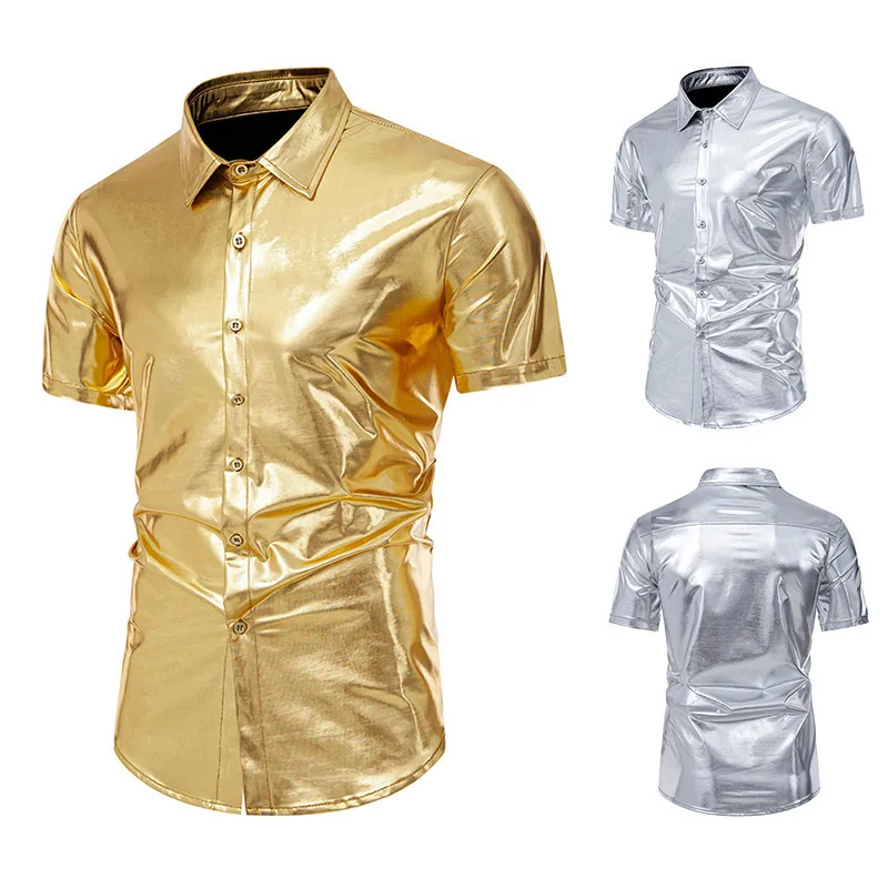 #4625 Summer Short Sleeve Men\'s Shirts Loose Gold Silver Shinny Surface Streetwear Dance Hip Hop Shirts Man Turn-down Collar