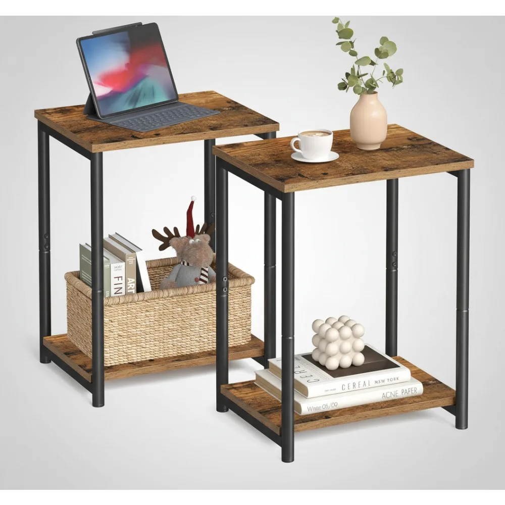 

Industrial Side Tables Set of 2, Rustic Brown End Table with Black Steel Frame for Living Room Bedroom Office