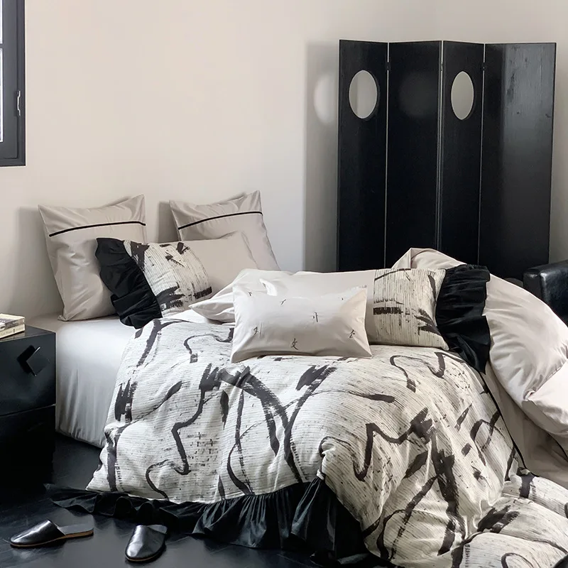 100 Thread Count Pure Cotton Four Piece Chinese Feng Shui Ink Bed Sheet Set, Lace Quilt Cover