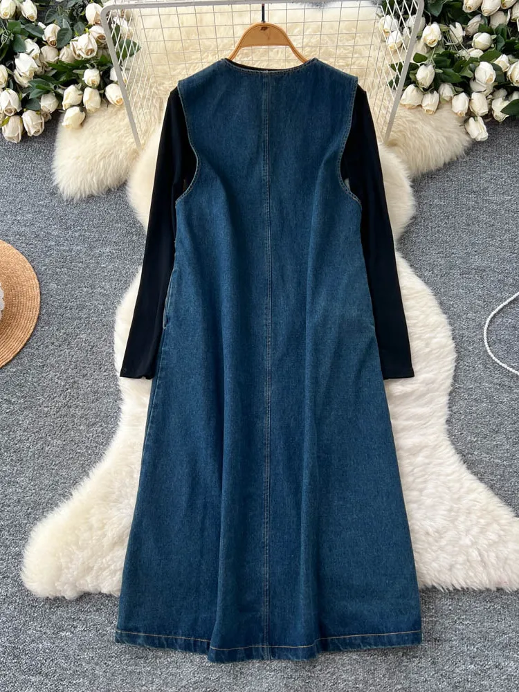 패셔너블한 지퍼 V넥 슬림 데님 베스트 여성용 가을 이너 롱 슬리브 하이웨이스트 스트레이트 컷 출퇴근용...