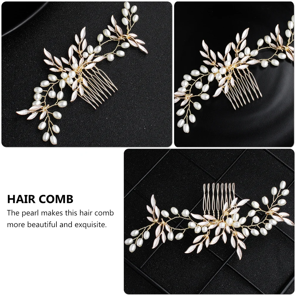 1Pcs Bridal Alloy Leaf Hair Comb Golden Handmade Bride Hair Accessory Wedding Party Fashion Pearl Hairpin Fashion Hairpin
