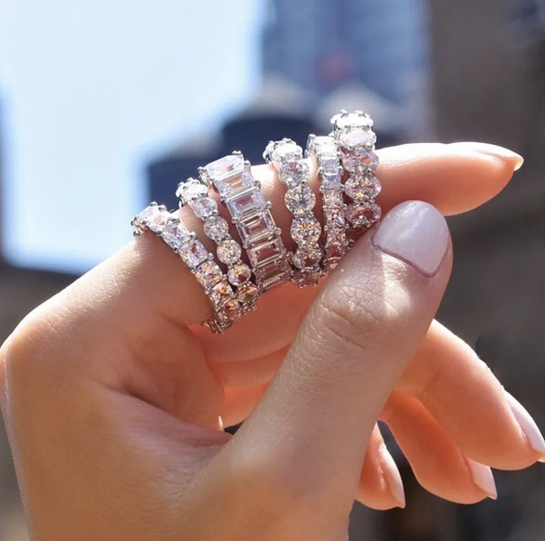 Set di anelli a fascia originali per donna uomo ARGENTO 925 PAVE SETTING COMPLETO diamante simulato ETERNITY FIDAZIONE WEDDING Anello in pietra