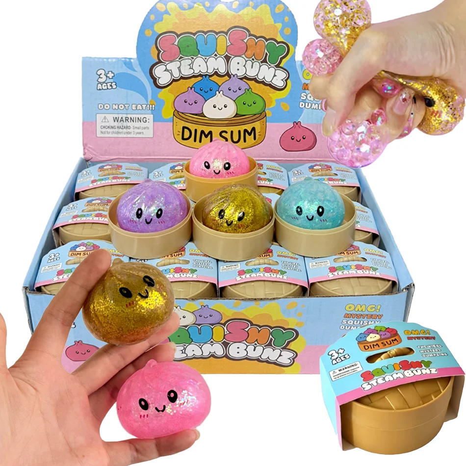Glitzer-Dumpling-Squishy mit Box – Sensorischer Dampfkugel-Druckentlastungs-Fidget-Spielzeug aus weichem TPR-Teig für Stressabbau und als Geschenk