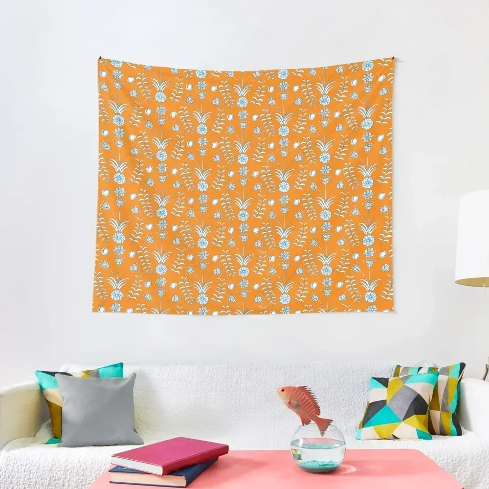 Mesopotamian Blue :: Florals Inspired by Ancient Pottery - Orange Tapestry Decor For Room Room Decorating Aesthetic Tapestry