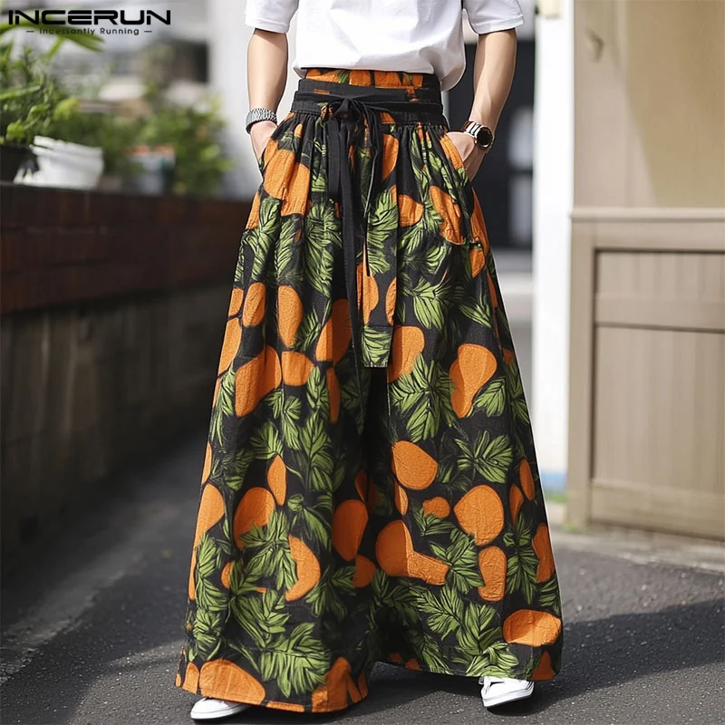 INCERUN เสื้อกันหนาว 2025 กางเกงขากว้างผู้ชายพิมพ์ Lace Up Joggers กางเกงผู้ชายแฟชั่น Oversize Casual ชายยาวกางเกง S-5XL