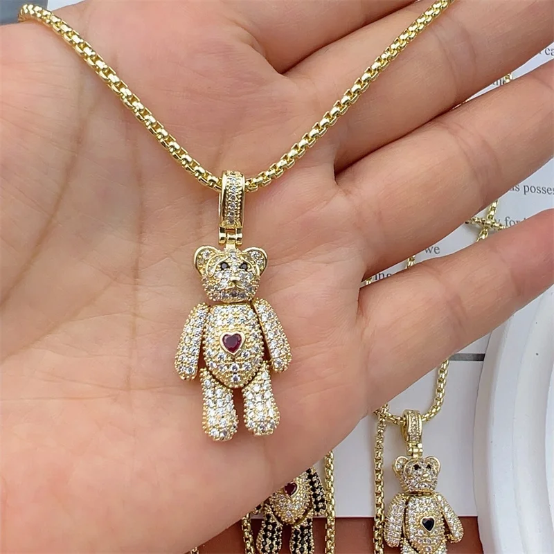 2023 New Hot Sale Cute CZ Teddy Chunky Big Crystal Bear Heart Charms For Women CZ Rhinestone Necklace Gold Plated Jewelry Gifts