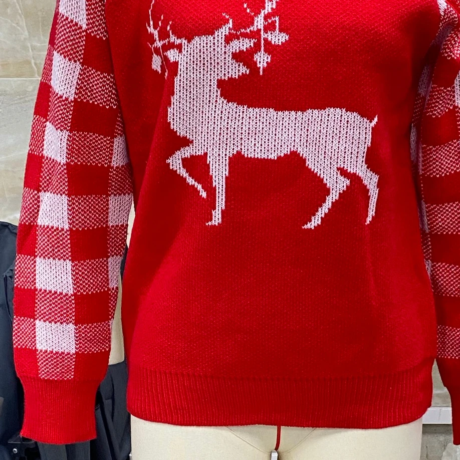 

Hot Women Christmas Sweater Reindeer Plaid Crew Neck Long Sleeve Pullover Knit Tops Casual Winter Fall Clothes