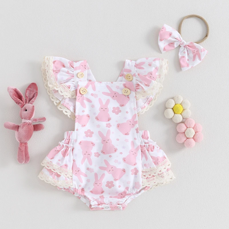 

2Pcs Baby Girls Summer Clothes Easter Outfits Fly Sleeve Bunny Print Romper Bow Headband Set Newborn Clothes