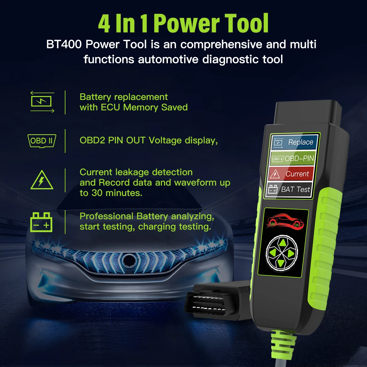 JDiag BT400 Car Battery Analyzer OBD2 Scanner Voltage Tester Circuit Leakage Tester 4 In 1 12/24V Car Diagnostic Tools