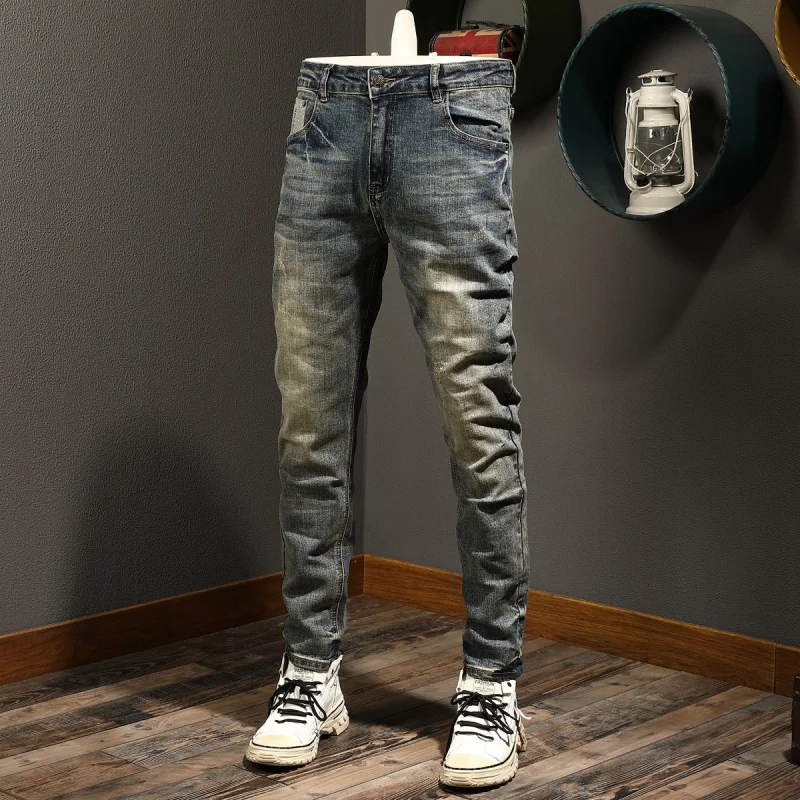 Осень 2021, мужская одежда, элитные джинсы в стиле ретро, мужские прямые повседневные уличные ностальгические эластичные облегающие джинсовые брюки