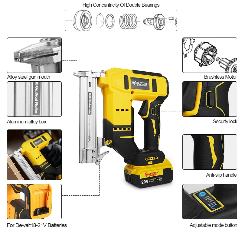 

Пистолет для Dewalt, 20 В, аккумуляторный штифт, беспроводной прямой/N-образный гвоздь, деревообрабатывающий станок для гвоздей
