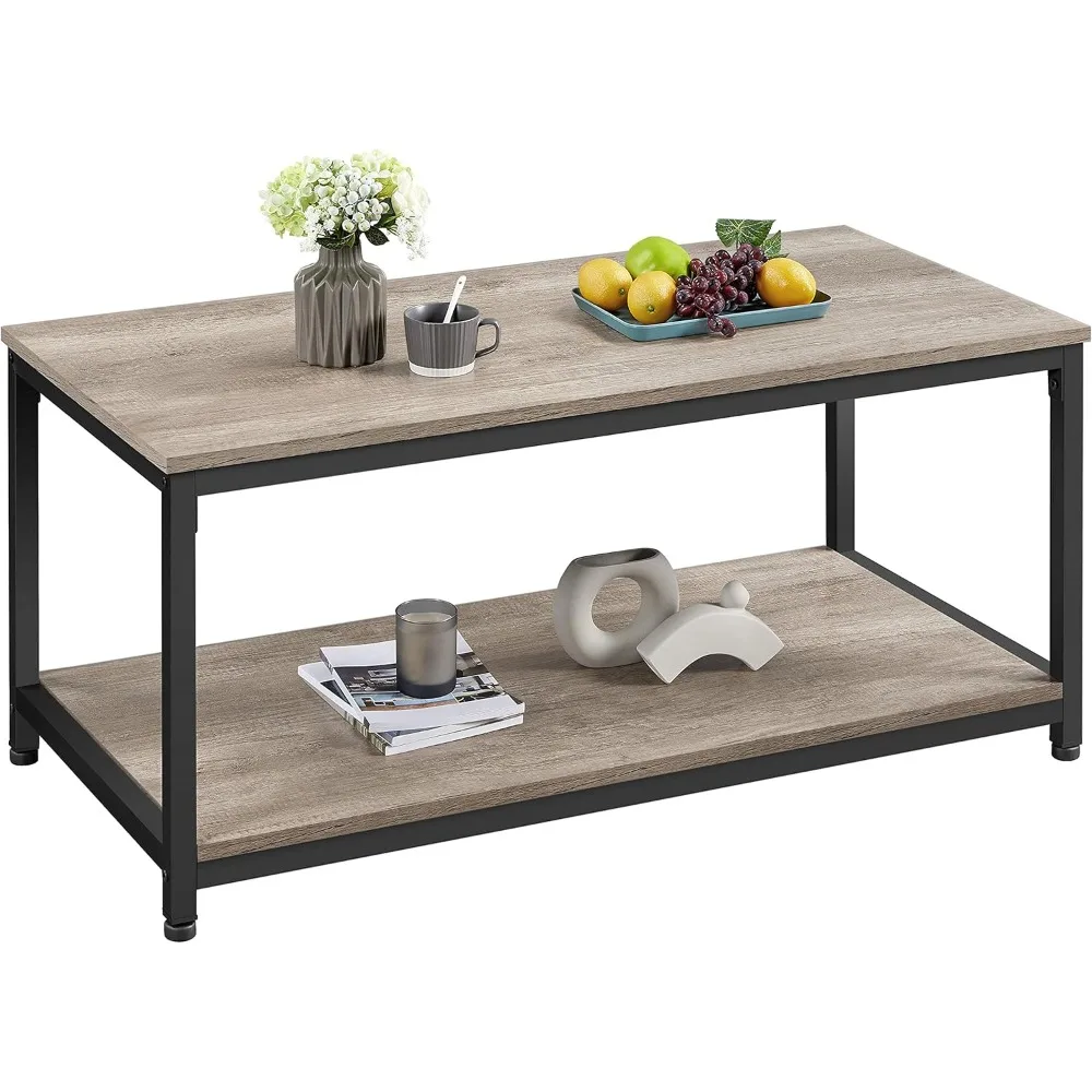 39.5 2-Tier Coffee Table with Storage Shelve, Industrial Gray Coffee Table, Easy Assembly, Wooden Center Café Tables