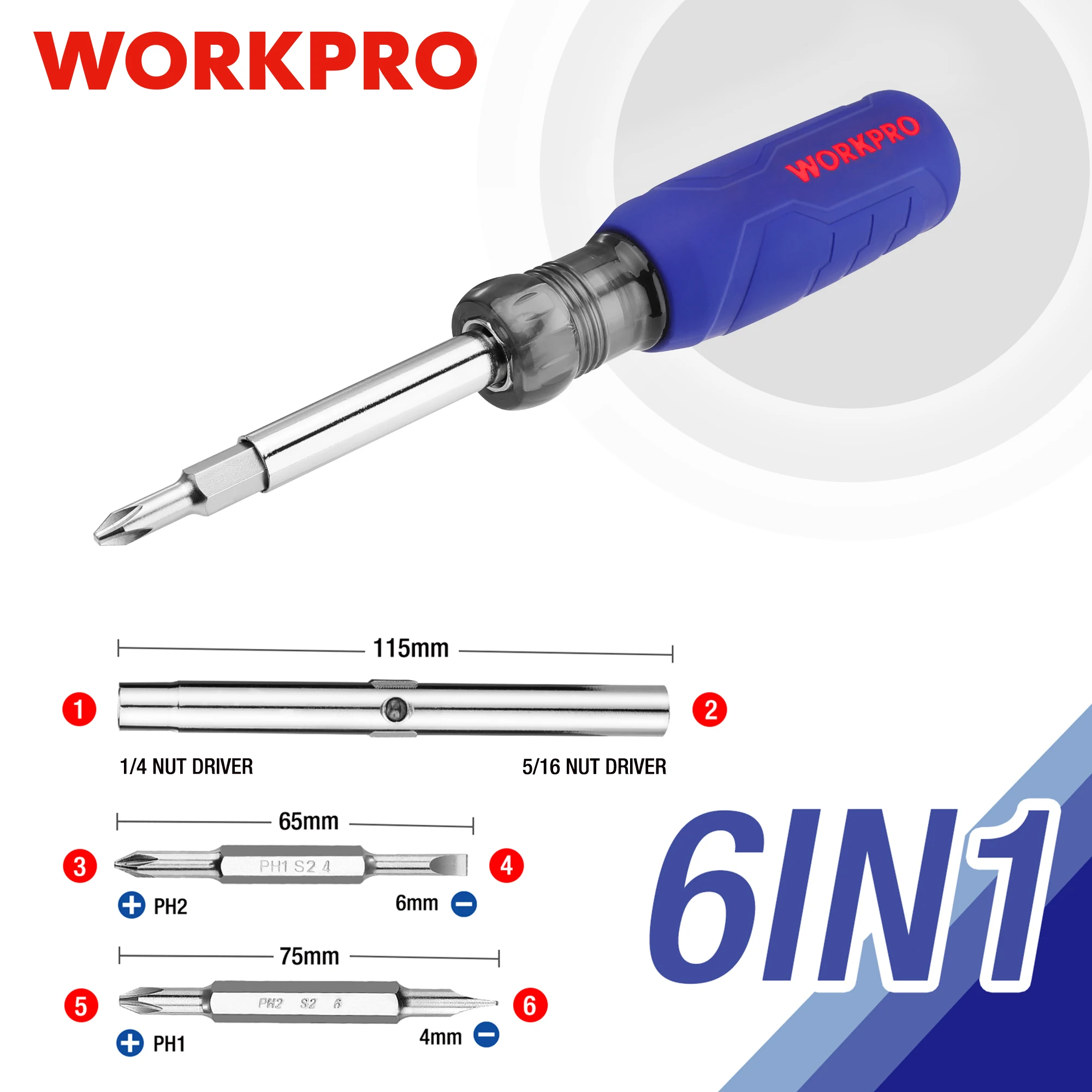 WORKPRO 6 IN 1 Multi Bit Screwdriver Set Phillips Screwdriver Double Head household screwdriver kit Multifunction Hand tools