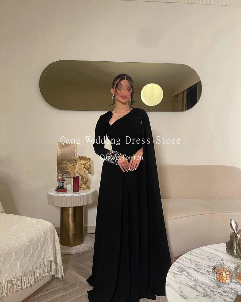 Qanz Elegant Black Mermaid Prom Dresses Long Sleeves Crystals Cape Robe Evening Dresses Beaded Prom Party Dresses Customized