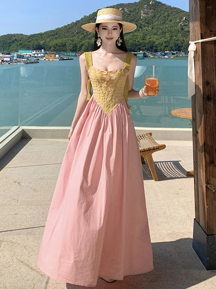 Robe de soirée trapèze rose pour femmes, élégante, couleur contrastée, couture, style Boho, Sexy, écharpe, plage, vacances