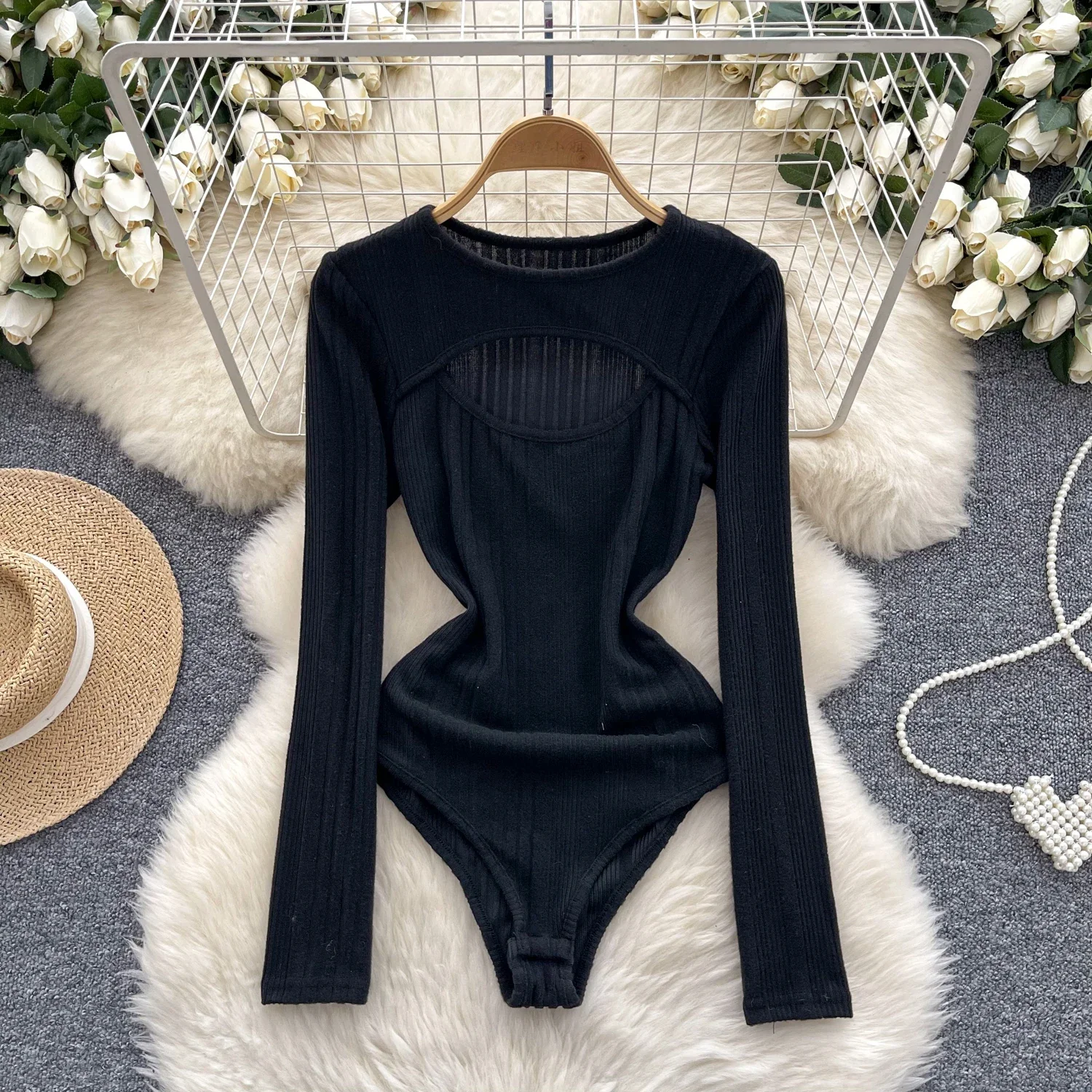 Women Hotsweet Hollow Out Bodysuit Chic O-neck Sexy Long Sleeve Jumpsuits Basics Slim Top Rompers Ins Autumn Winter Clothing