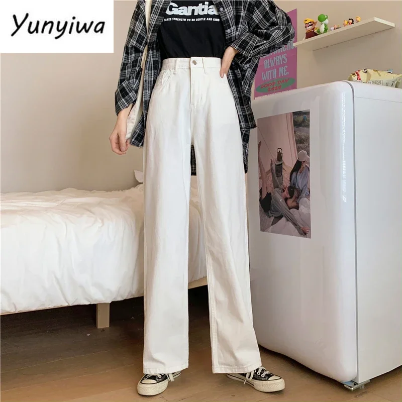 

Jeans Women White Korean Style Full Length Baggy All-match College Casual BF Straight Ins Popular Stylish Spring Newest Trousers