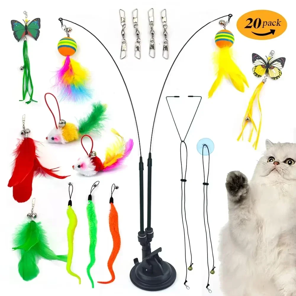 Indoor Cat Toys, Interactive Cat Toys with 2 Magic Wands and 6 Feathers with Bell, Kit with Removable Suction Cup