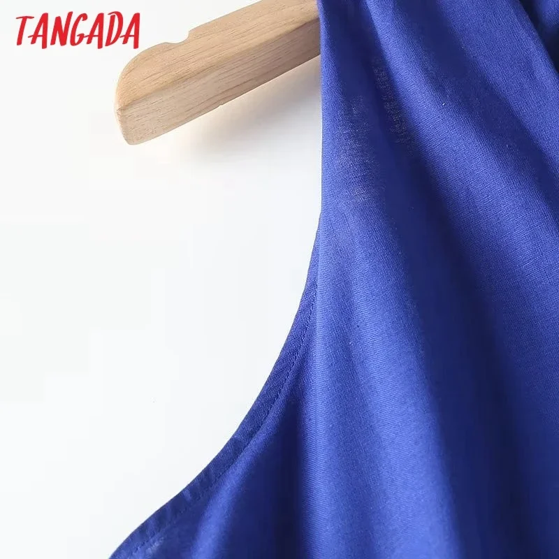 Tangada 2024 Women Blue V Neck Cotton Linen Dress Ladies Sleeveless Elegant Dresses 4C120