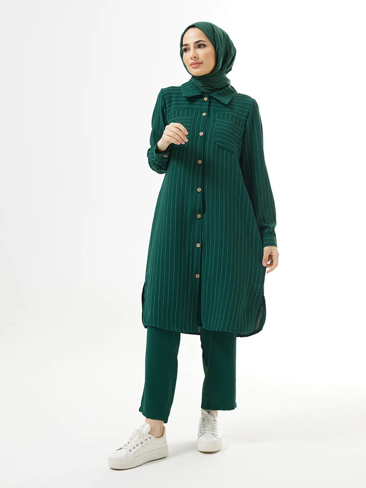 Striped Tunic Trousers Set Muslim Women Combination