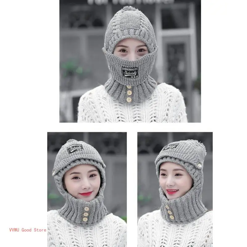 Winter Hat Scarf Mask Knit Trapper Hat Women Fleece Lined Hooded Hat Scarf Wrap