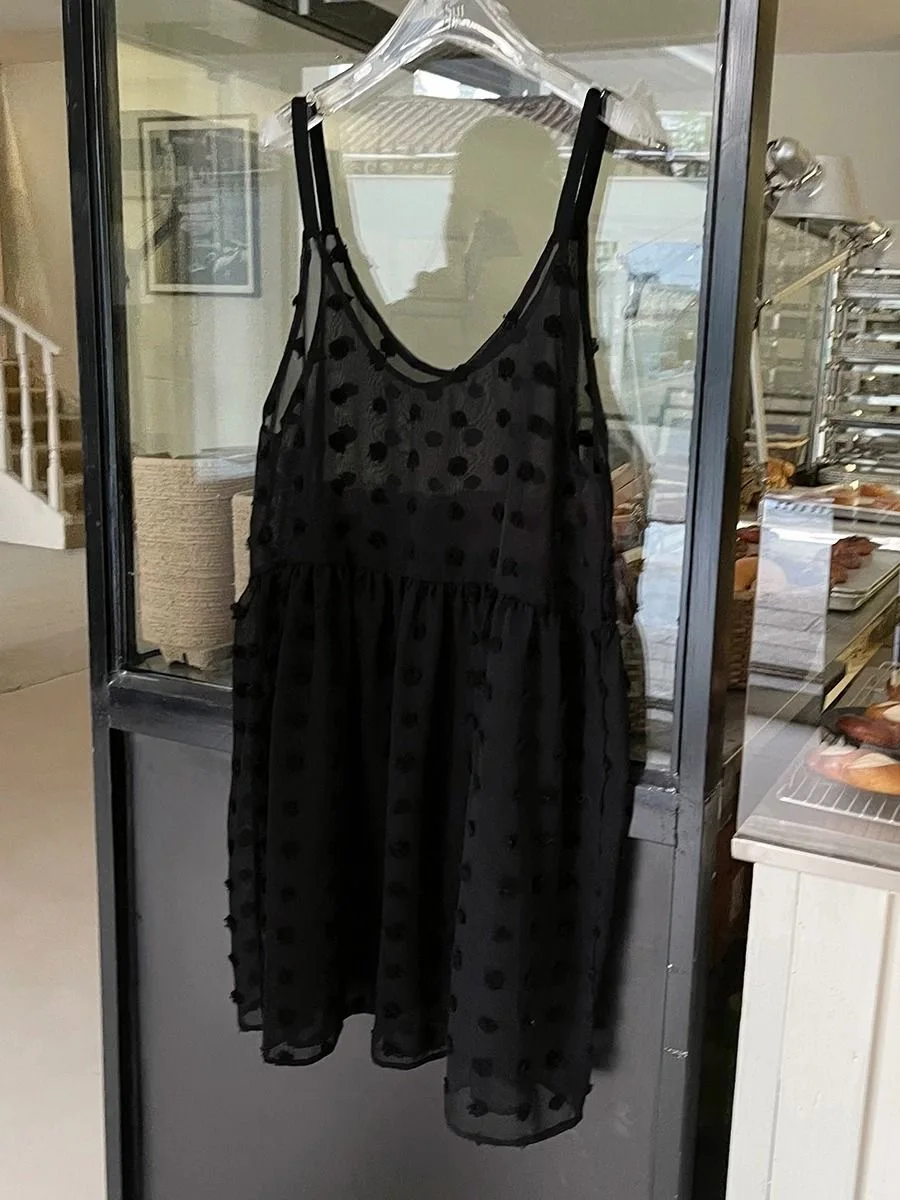 Women's Black White Chiffon Slip Dress With Dots Spring Summer One-Layer Sheer Cover-Up Sleeveless Dress Korean Fashion Ladies
