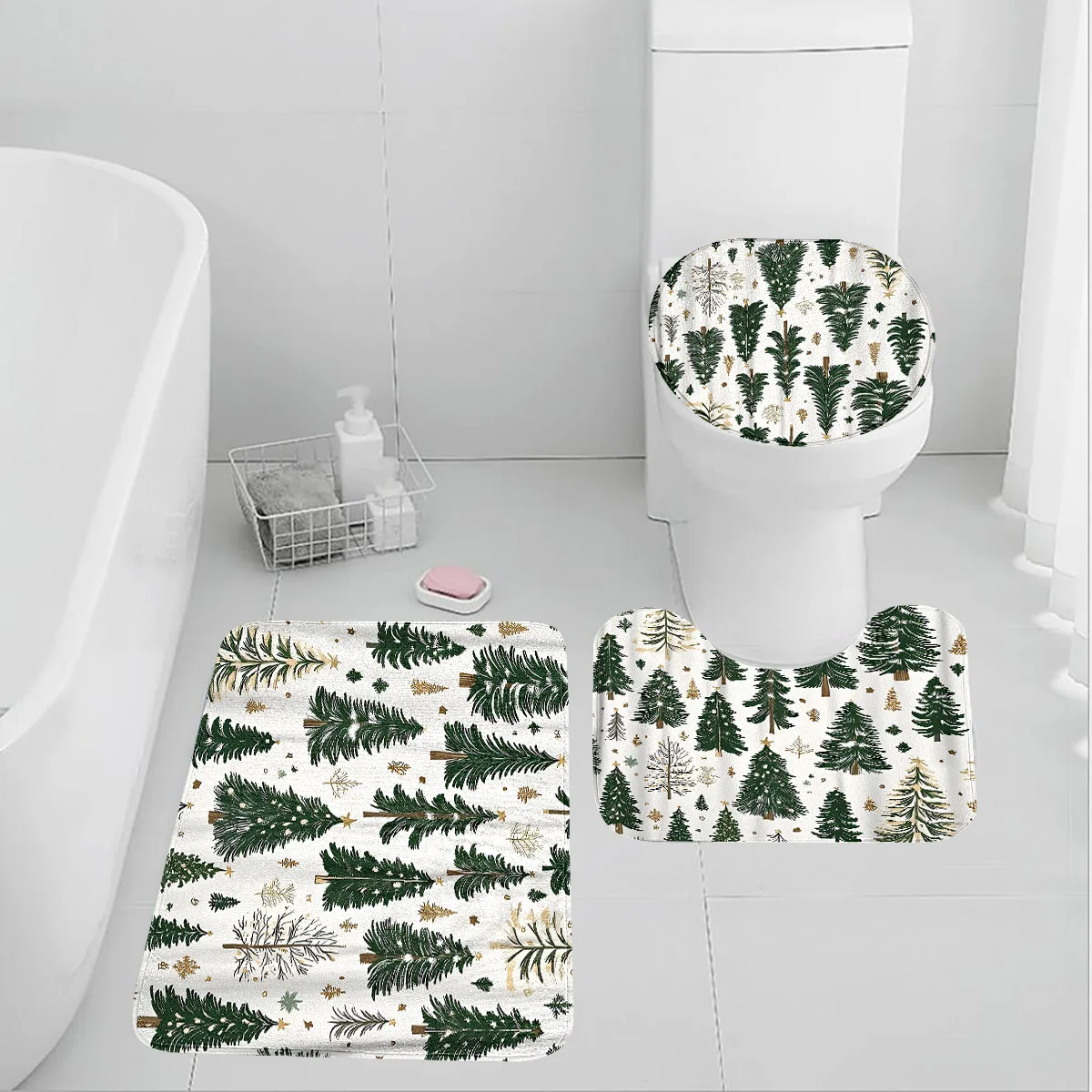 Ein Winterwald-Toilettensitzkissen kann individuell angepasst werden oder als Set für Badezimmerteppiche zusammengebaut