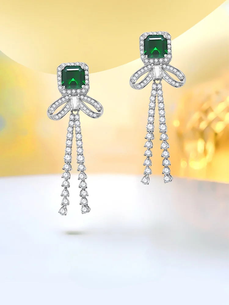 

New emerald earrings long 925 sterling silver inlaid with light luxury earrings, versatile and niche design high-end temperament