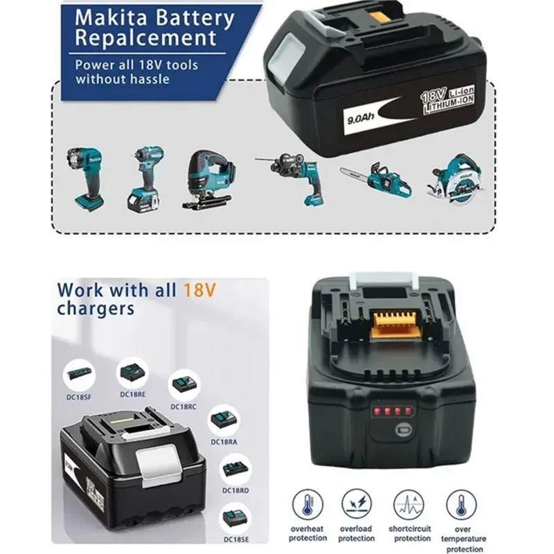 For Makita Lithium Ion Replacement Battery with LED, 18V, 6.0Ah/9.0Ah, LXT, BL1860B, BL1860, BL1850, Rechargeable Power Tool