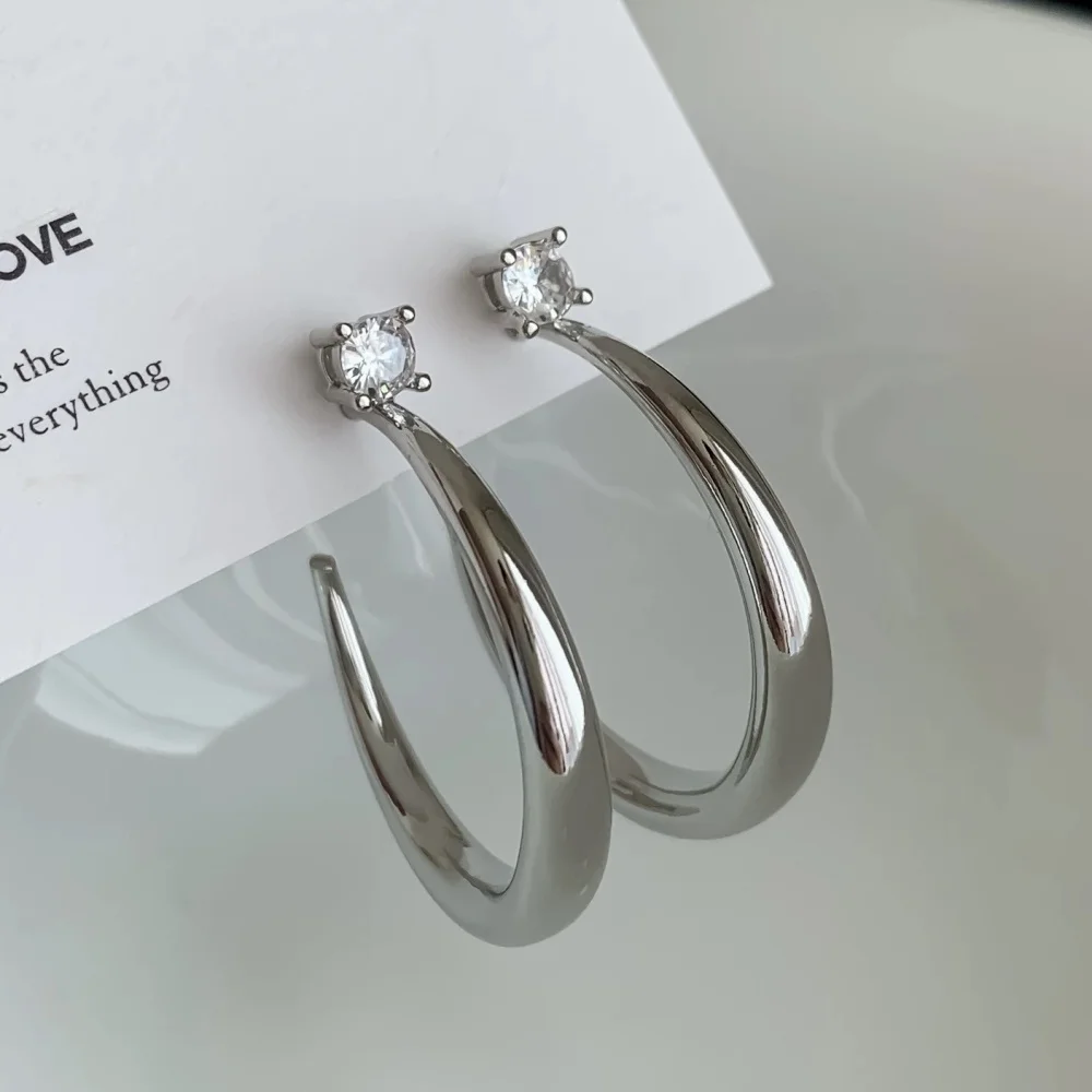 Silver Color CZ Studded C-shaped Hoop Earrings for Women Minimalist Shiny Drop Earrings Fashion Daily Wear Jewelry Gifts