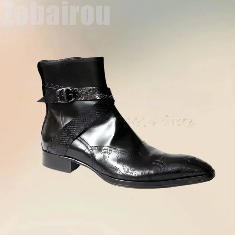 

Black Floral Print Belt Fastener Decor Mid Calf Boots Fashion Slip On Men Shoes Luxurious Handmade Party Office Men Dress Shoes