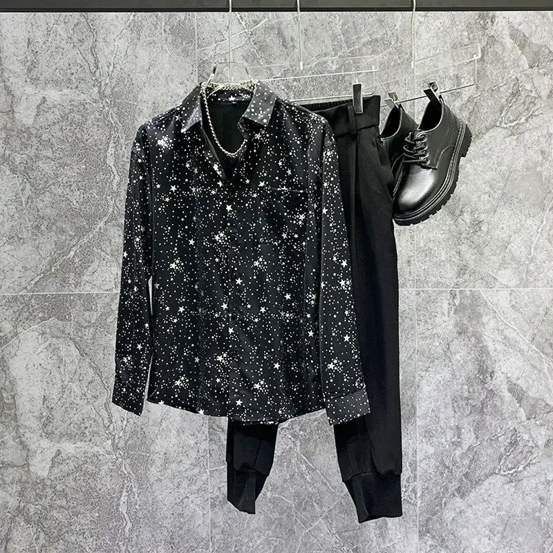 Spring Autumn New Fashion Printing Babysbreath Shirts Men's Clothin POLO Collar Loose Buttons Korean Chaopai Simplicity Blouse