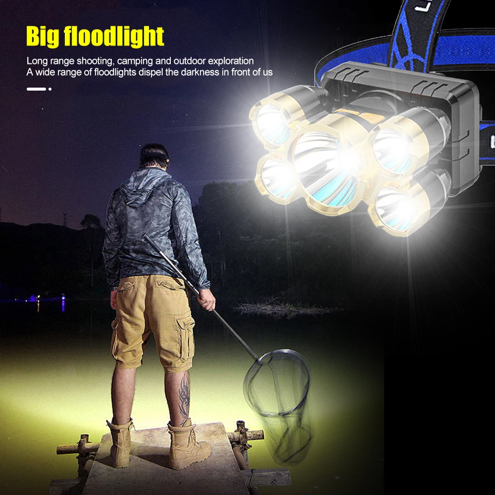 Portable 5 LED Headlamp 4 Modes Headlight USB Rechargeable Head Flashlight for Camping Hiking