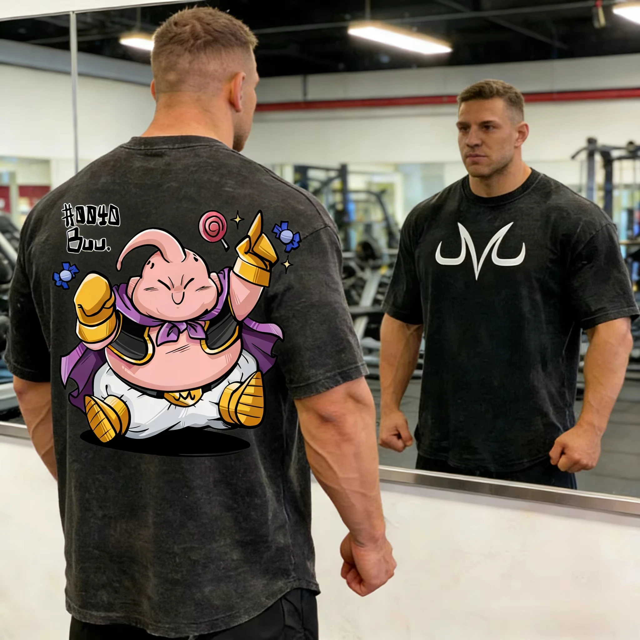 

2026 Summer Dragon Ball Retro Fitness T-Shirt 100% Cotton Heavyweight Oversized Washed Chibi Majin Buu "Majin Symbol" Gym Kids