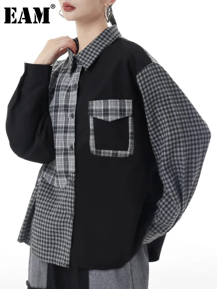 

[EAM] Women Color-block Black Plaid Big Size Blouse New Lapel Long Sleeve Loose Shirt Fashion Tide Spring Autumn 2024 1DH3220